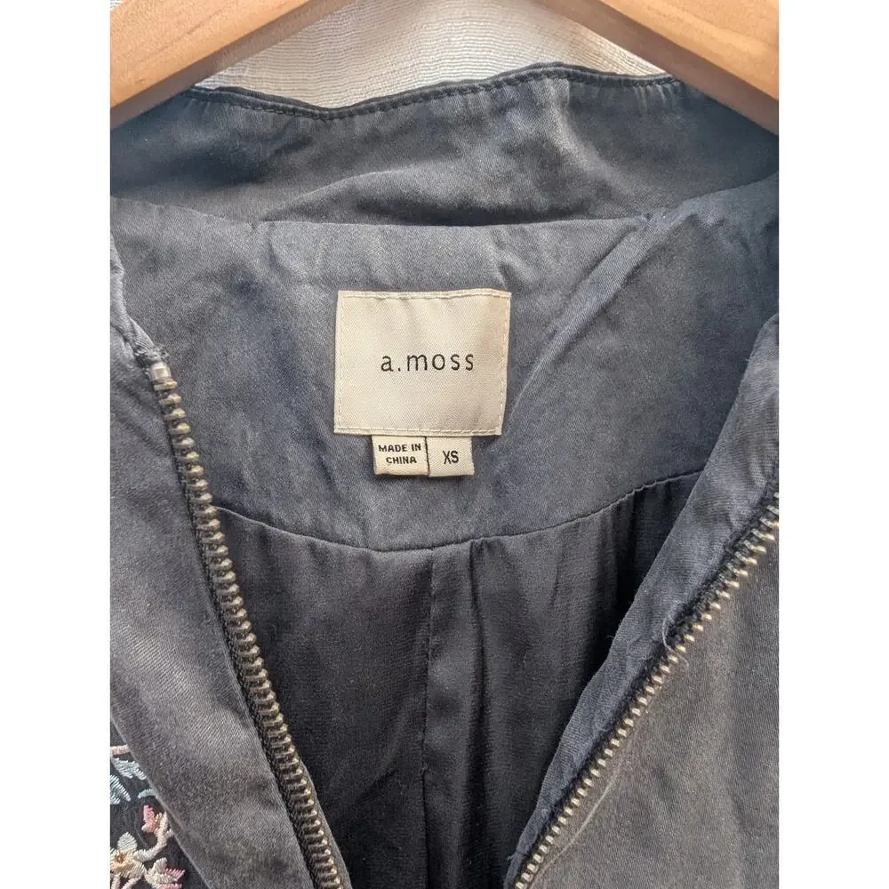A Moss Womens Full Zip Floral‎ Embroidered Bomber Jacket XS Black Lyocell Blend